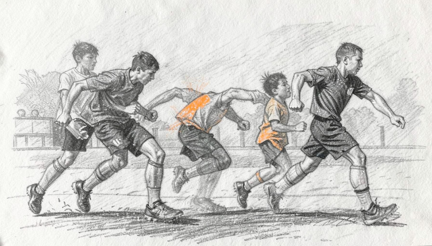 Graphite pencil sketch of young athletes in motion on a field, loose energetic strokes, dark charcoal tones with soft gray shading, dynamic and active mood.