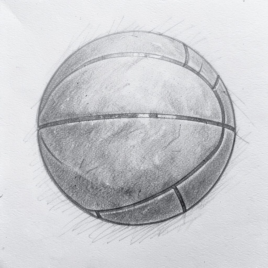 A graphite pencil sketch of athletes in motion on a court, one player mid-jump reaching toward a basketball hoop, with loose energetic strokes and deep charcoal shading against a light paper background, conveying intensity and teamwork.