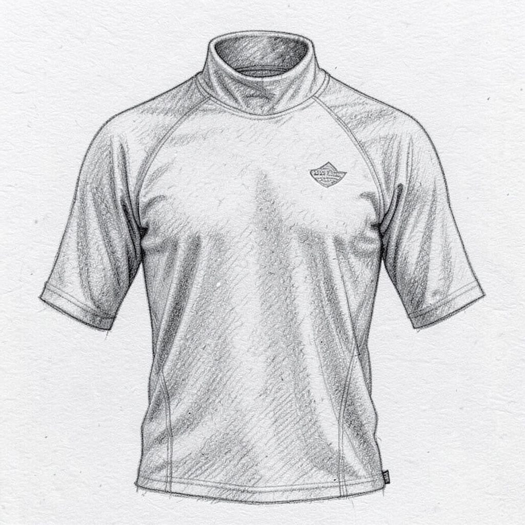 A graphite pencil sketch of a mock turtleneck athletic shirt laid flat, its collar and seams drawn with precise lines and subtle tonal shading, conveying a clean performance-apparel look.