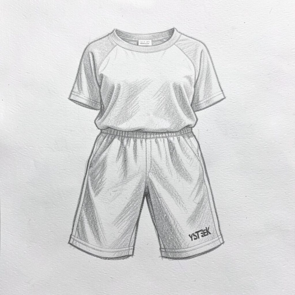 A graphite pencil sketch of a youth athletic uniform hanging on a locker room hook, the fabric rendered with soft shading and crisp contour lines, suggesting readiness and team spirit.