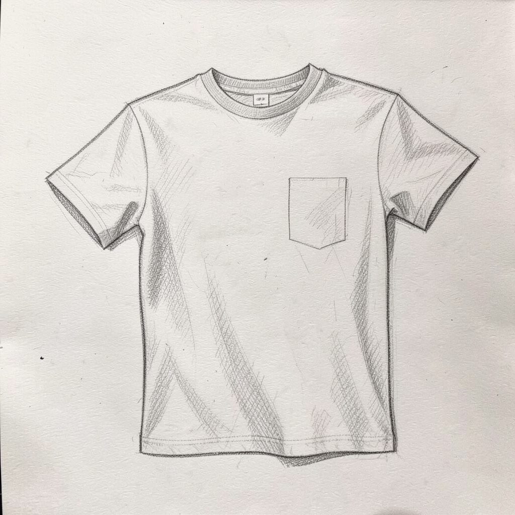 A graphite pencil sketch of neatly folded cotton t-shirts stacked on a wooden shelf, soft cross-hatched shadows and light gray midtones, evoking a clean and practical retail atmosphere.